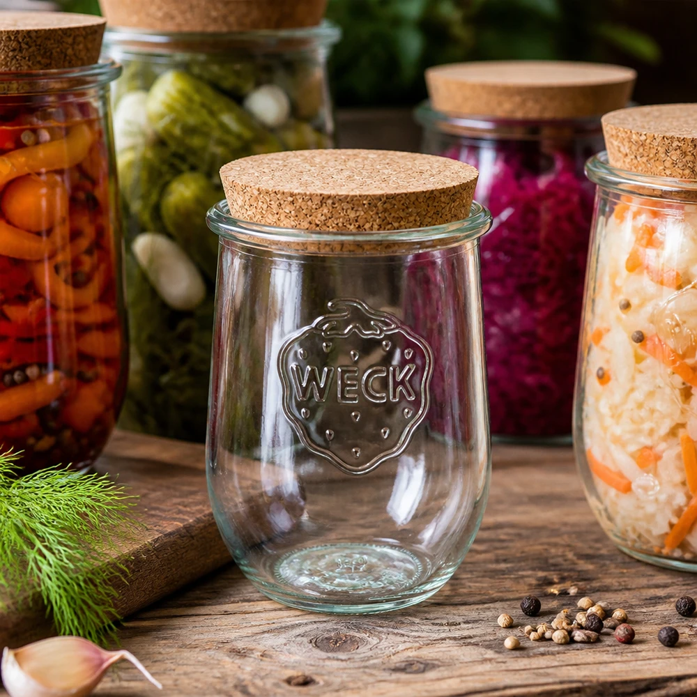 WECK RR100 Tulpenglas 1062ml mit Korken zwischen bunten Fermentationsgläsern eingelegtem Gemüse auf Holztisch