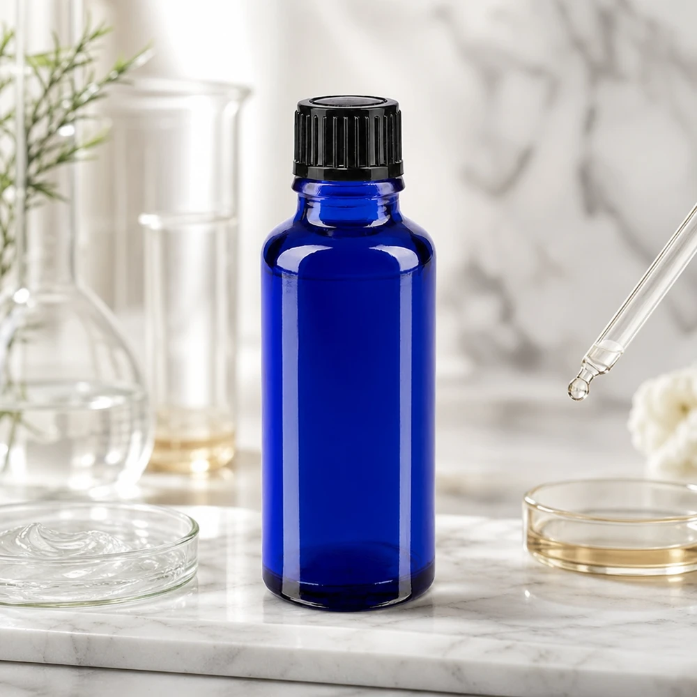 Apothekenflasche blau 30ml Tropfverschluss 1mm schwarz Standard Zylindrische 30ml Blauglasflasche STD mit 1mm Tropföffnung und schwarzer Verschlusskappe