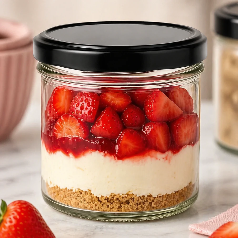 125ml Sturzglas mit schwarzem BasicSeal Deckel als Dessertglas mit Erdbeeren Sahne und Keksboden Cheesecake