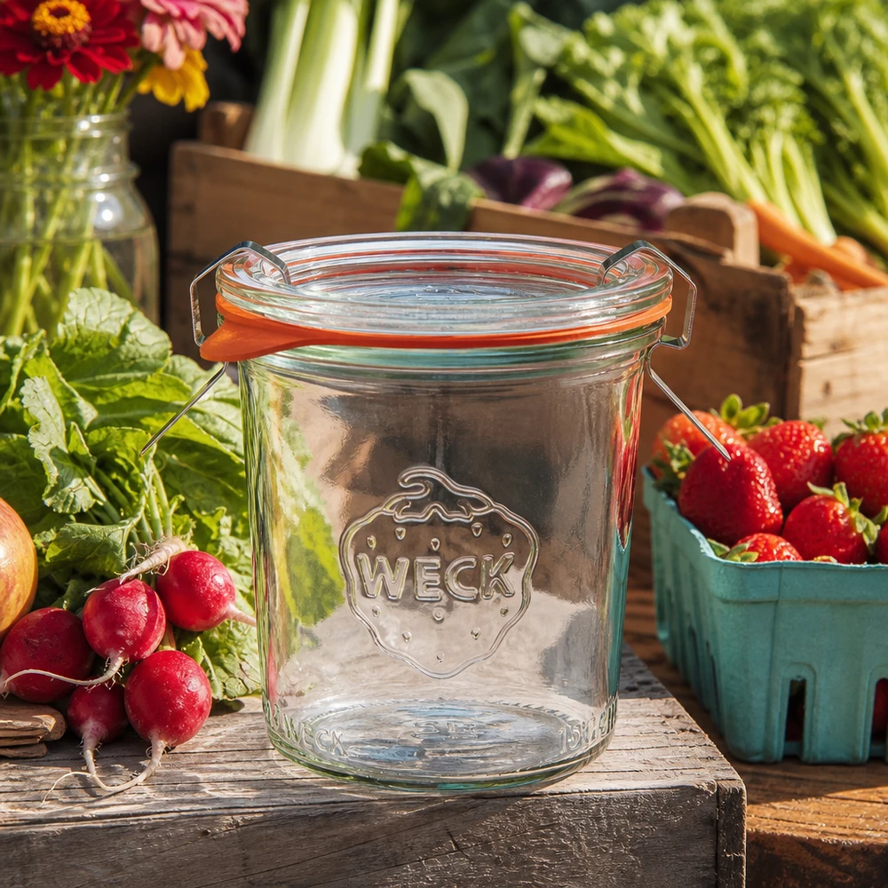 WECK 160ml Sturzglas RR60 leer mit Bügelverschluss zwischen frischem Gemüse und Obst auf rustikalem Holztisch