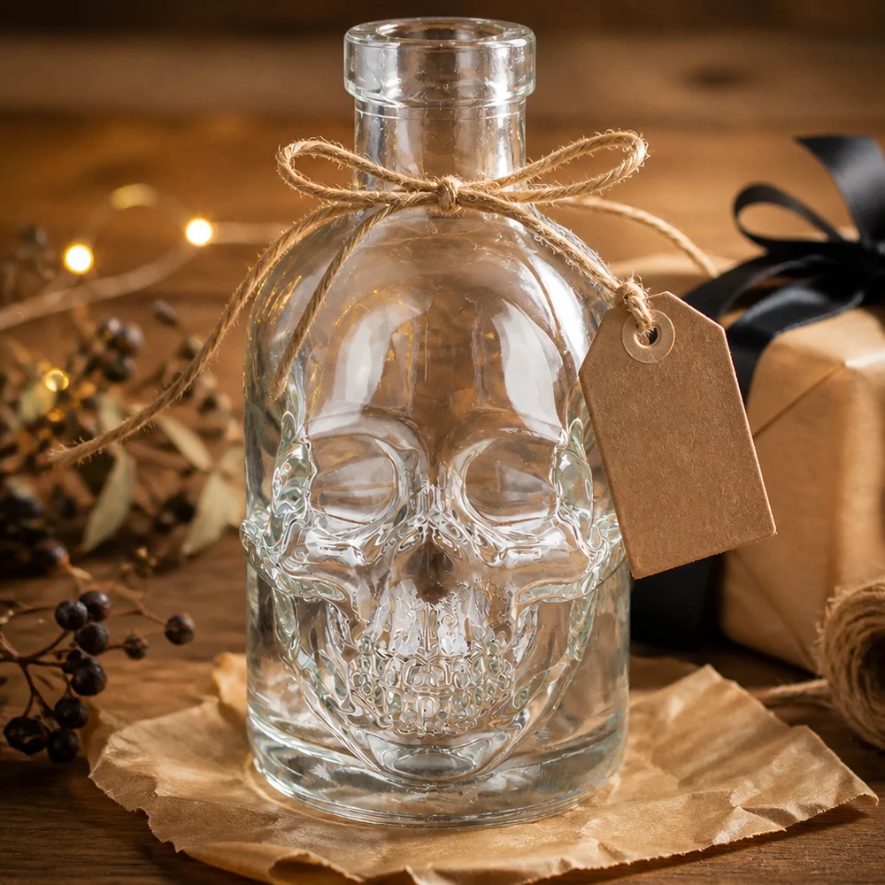200ml Glasflasche "Jack" ohne Verschluss UNiTWIST 200ml Glasflasche Jack Totenkopf als Geschenk verpackt mit Juteschleife und Anhänger rustikale Dekoration