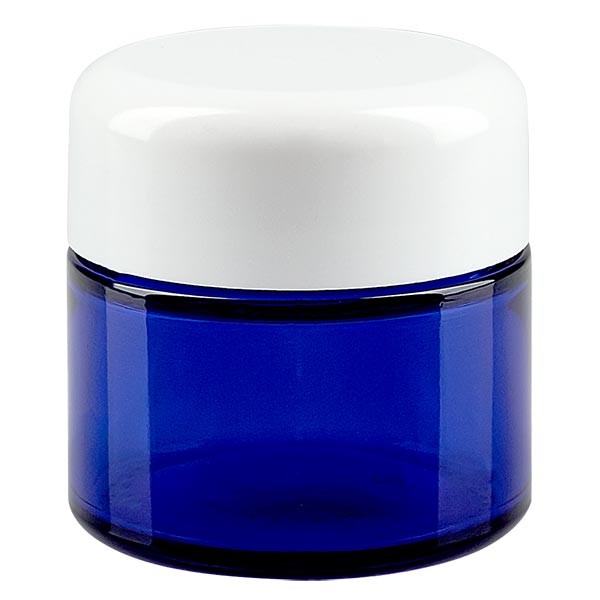 50ml Glastiegel. royalblau, mit weißem Bakelit ApoGlas 50ml Glastiegel. royalblau, mit weißem Bakelit ApoGlas