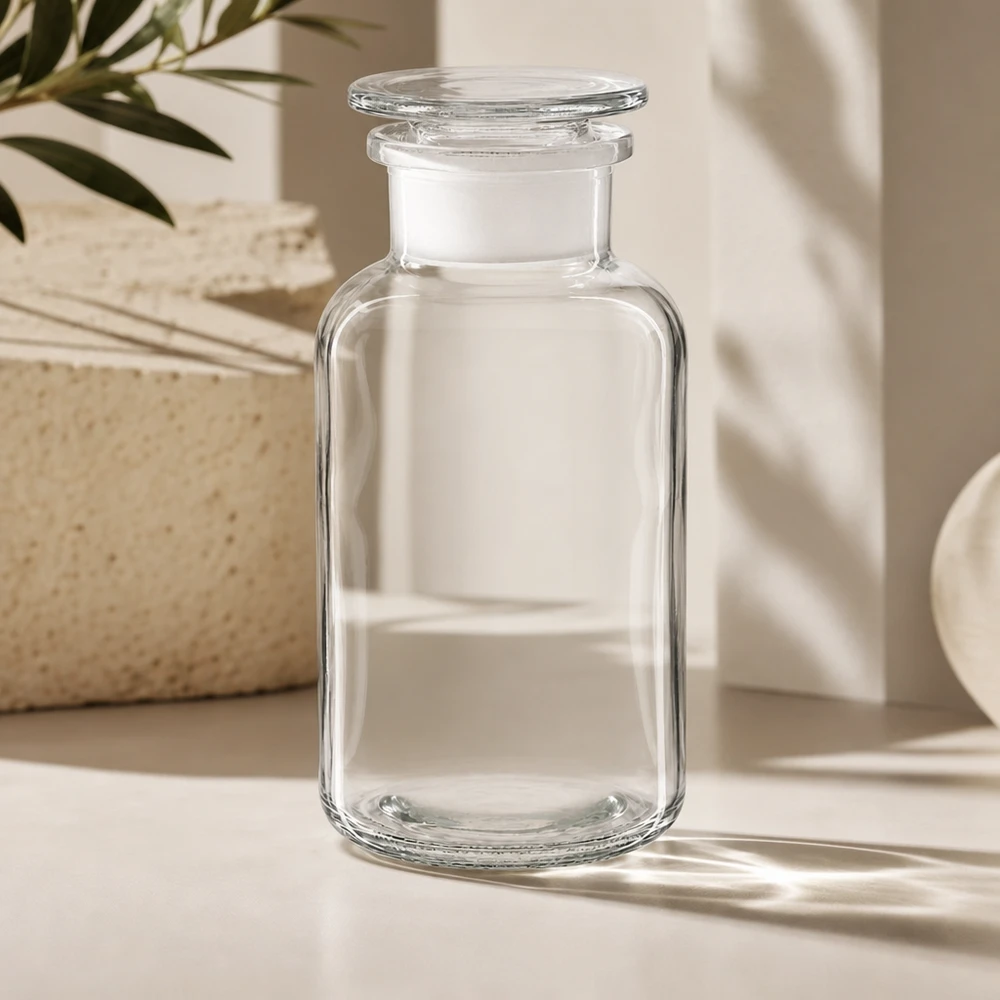 Rundschulterfl. 500ml klar Weithals Glasstopfen Runde Klarglasflasche 500ml großvolumig mit breitem Flaschenhals und transparentem Glasdeckel
