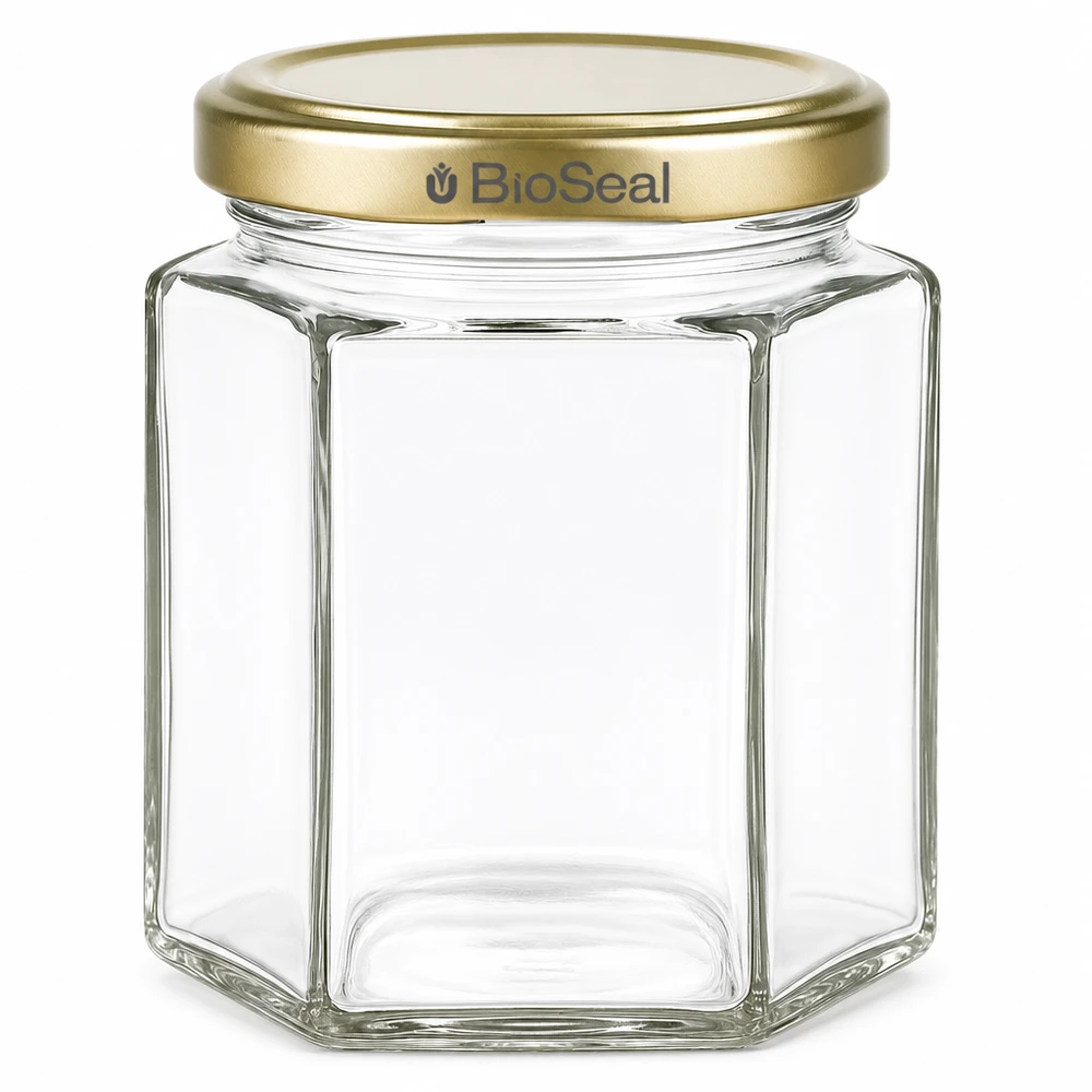 250g Honigglas mit goldenem Deckel BioSeal UNiTWIST 250g Honigglas sechseckig mit goldenem BioSeal Schraubdeckel leer transparent Glaskonserve für Honig