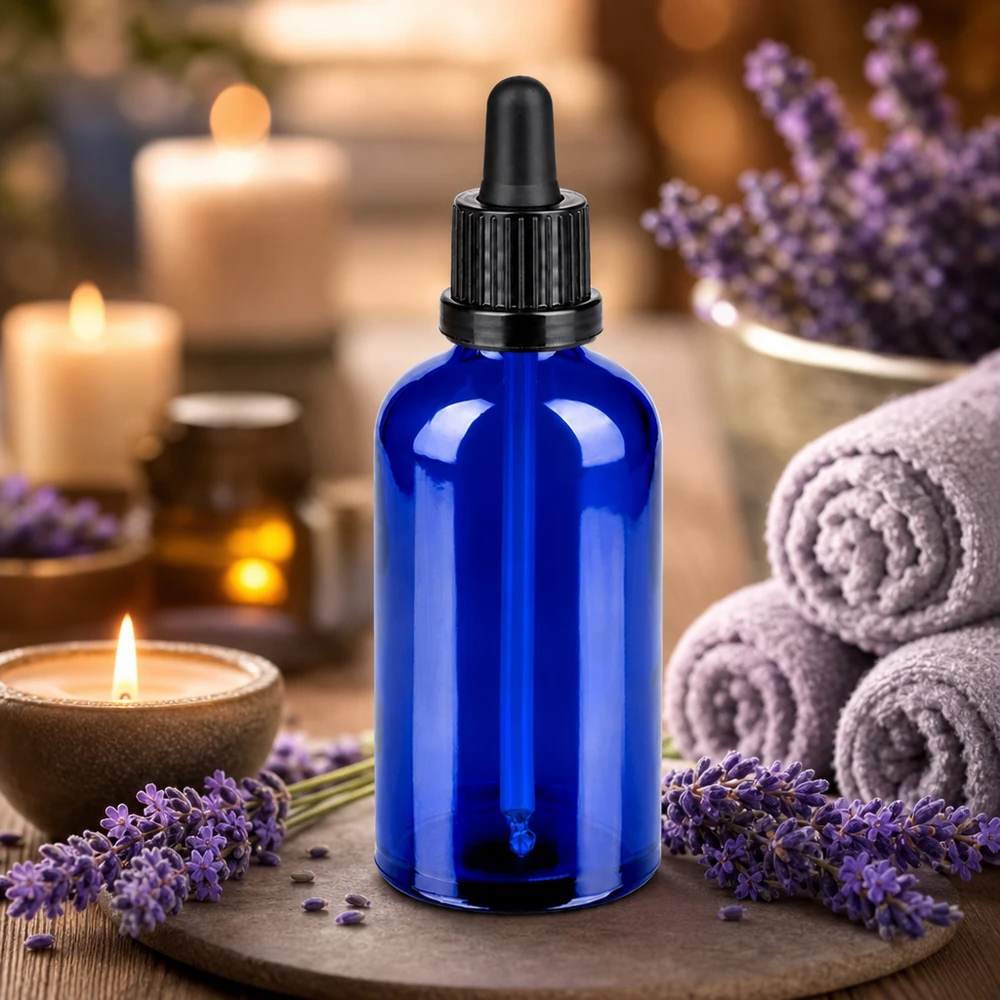 Apotheker-Flasche 100ml cobaltblau mit kindersicherem schwarzen Pipettenverschluss