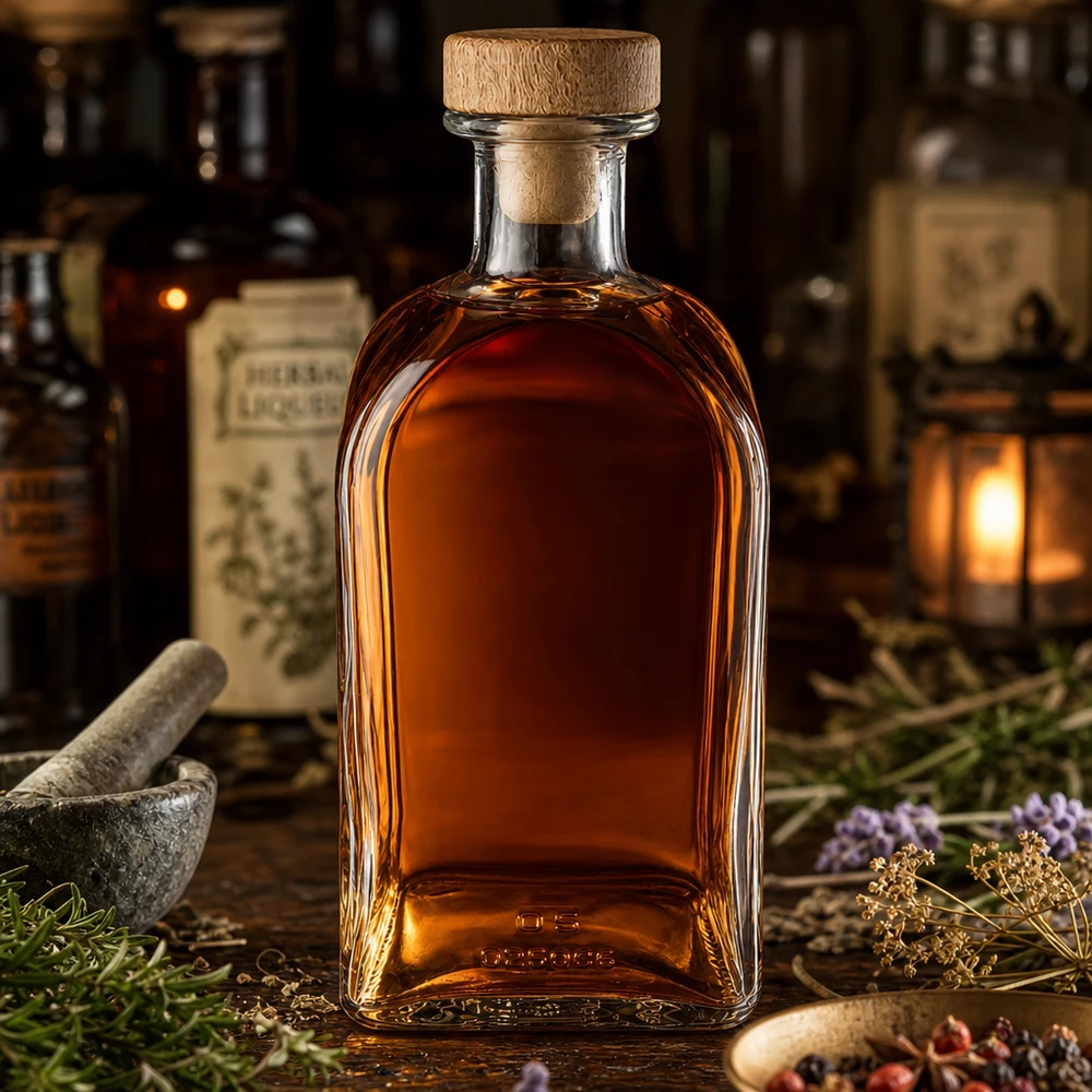 500ml Glasflasche Julia mit Holzkorken gefüllt mit Kräuterlikör in alter Apotheke zwischen Mörser und Heilkräutern