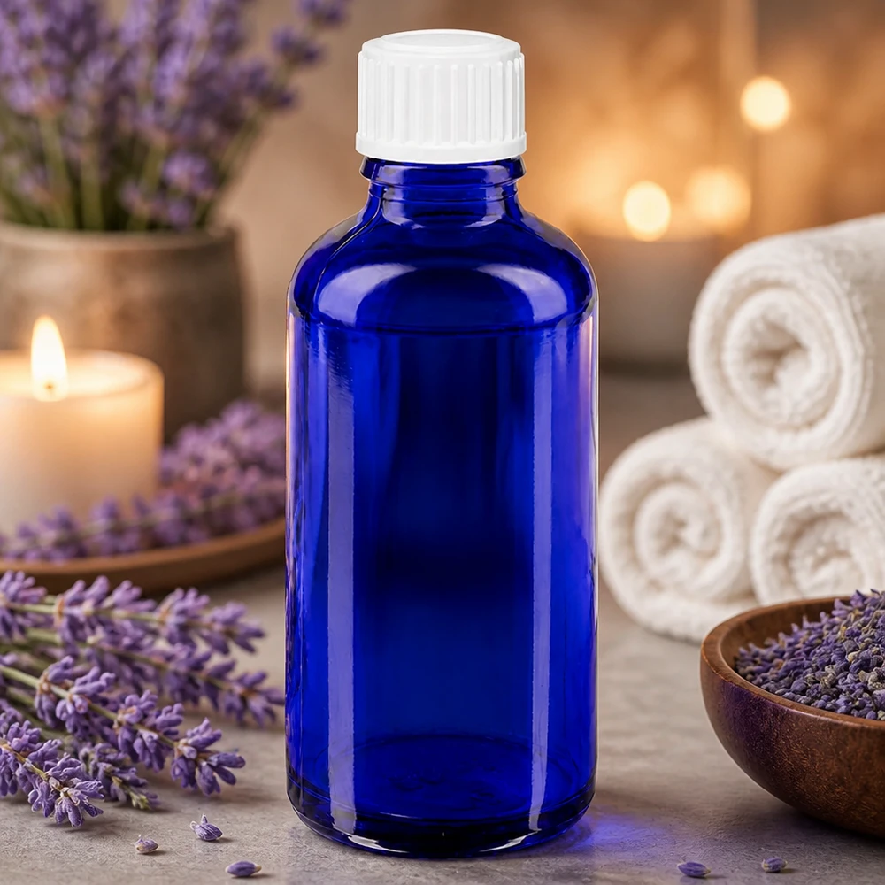 Dunkelblaue UV-Schutz Tropfflasche 50ml aus pharmazeutischem Glas mit weißem Verschluss