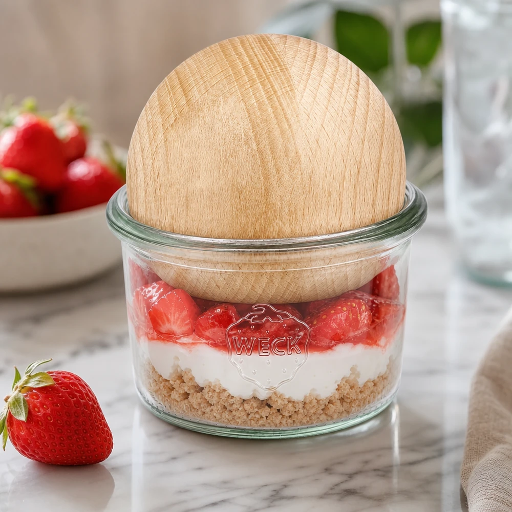 WECK Sturzglas 200ml RR80 mit Buchenkugel als Dessertglas für Erdbeer-Schichtdessert auf Marmortisch