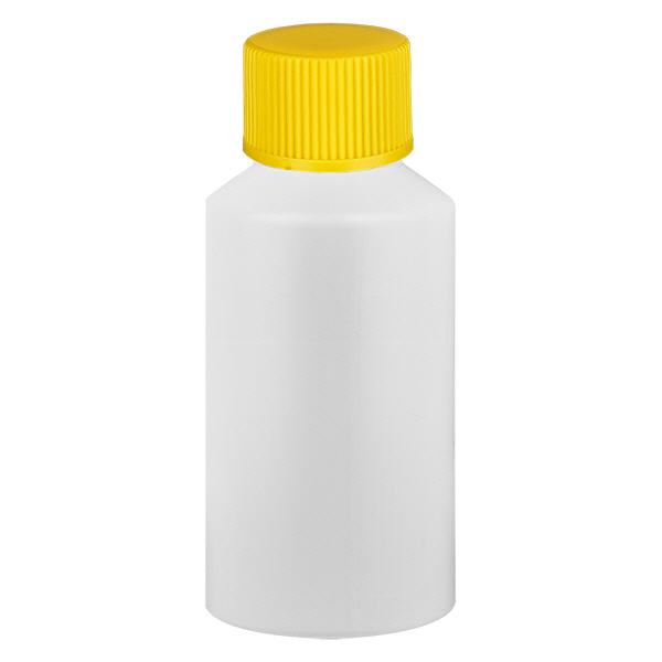 Apothekenflasche HDPE 50ml weiß, mit gelbem Schraubverschluss Apothekenflasche HDPE 50ml weiß, mit gelbem Schraubverschluss