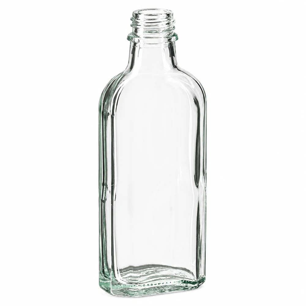 100 ml Glasflasche klar flach Meplat mit engem DIN22 Schraubverschluss