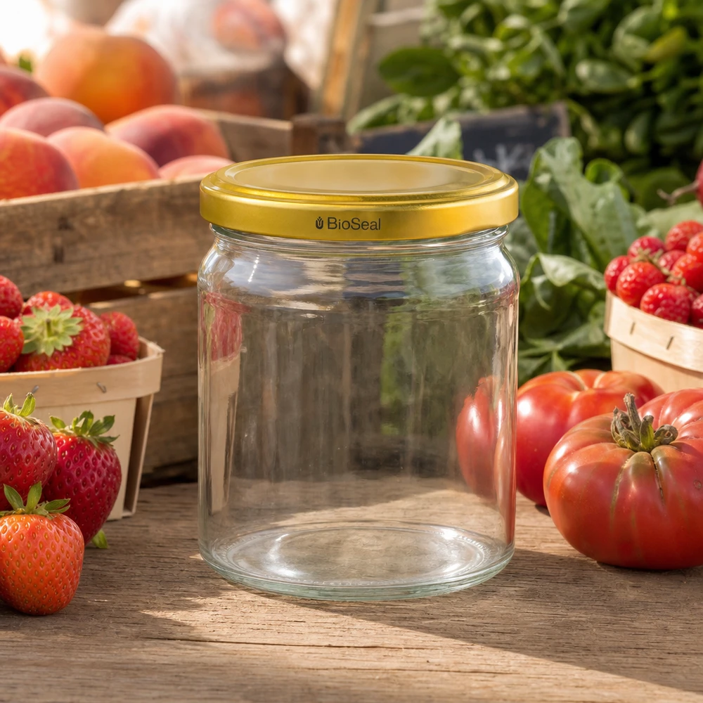 UNiTWIST Runda408 leeres Einmachglas mit goldenem BioSeal Deckel zwischen frischen Erdbeeren und Tomaten auf Holztisch