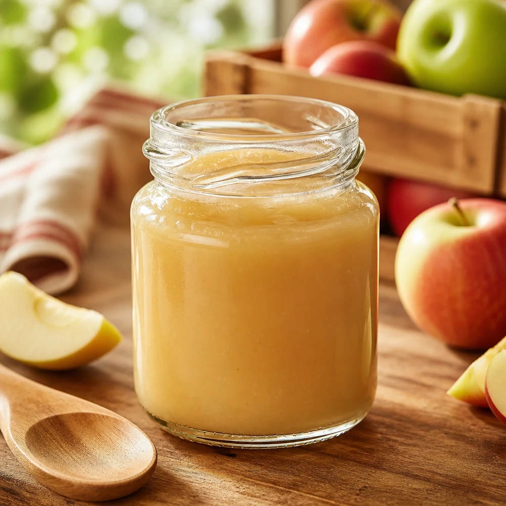 Transparentes Rundglas Runda53 53ml zeigt goldgelbes Apfelmus mit Holzlöffel und Apfelscheiben