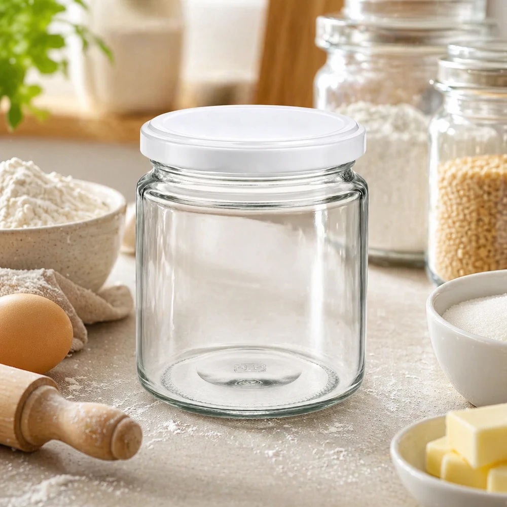 250ml Honigglas leer mit weißem UNiTWIST Deckel in Backküche zwischen Mehl Eiern und Backutensilien