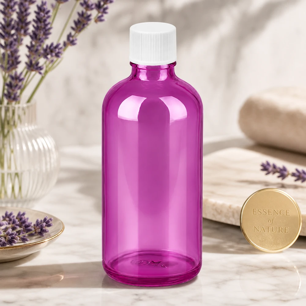Moderne 100ml Flasche in Purple-Optik mit weißem Verschluss für hochwertige Pflegeprodukte