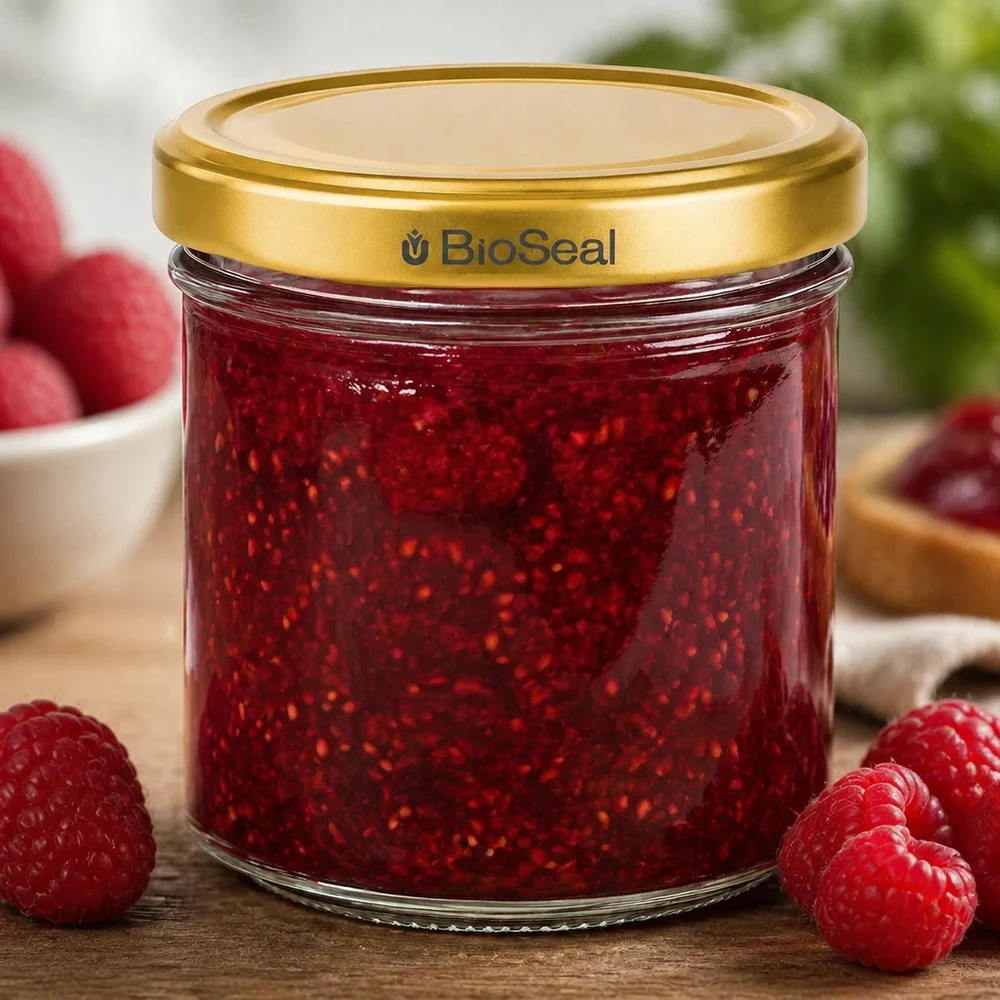 200g Honigglas mit goldenem Deckel BioSeal UNiTWIST BioSeal 200g Marmeladenglas mit Himbeerkonfitüre gefüllt umgeben von frischen Himbeeren auf Holzuntergrund