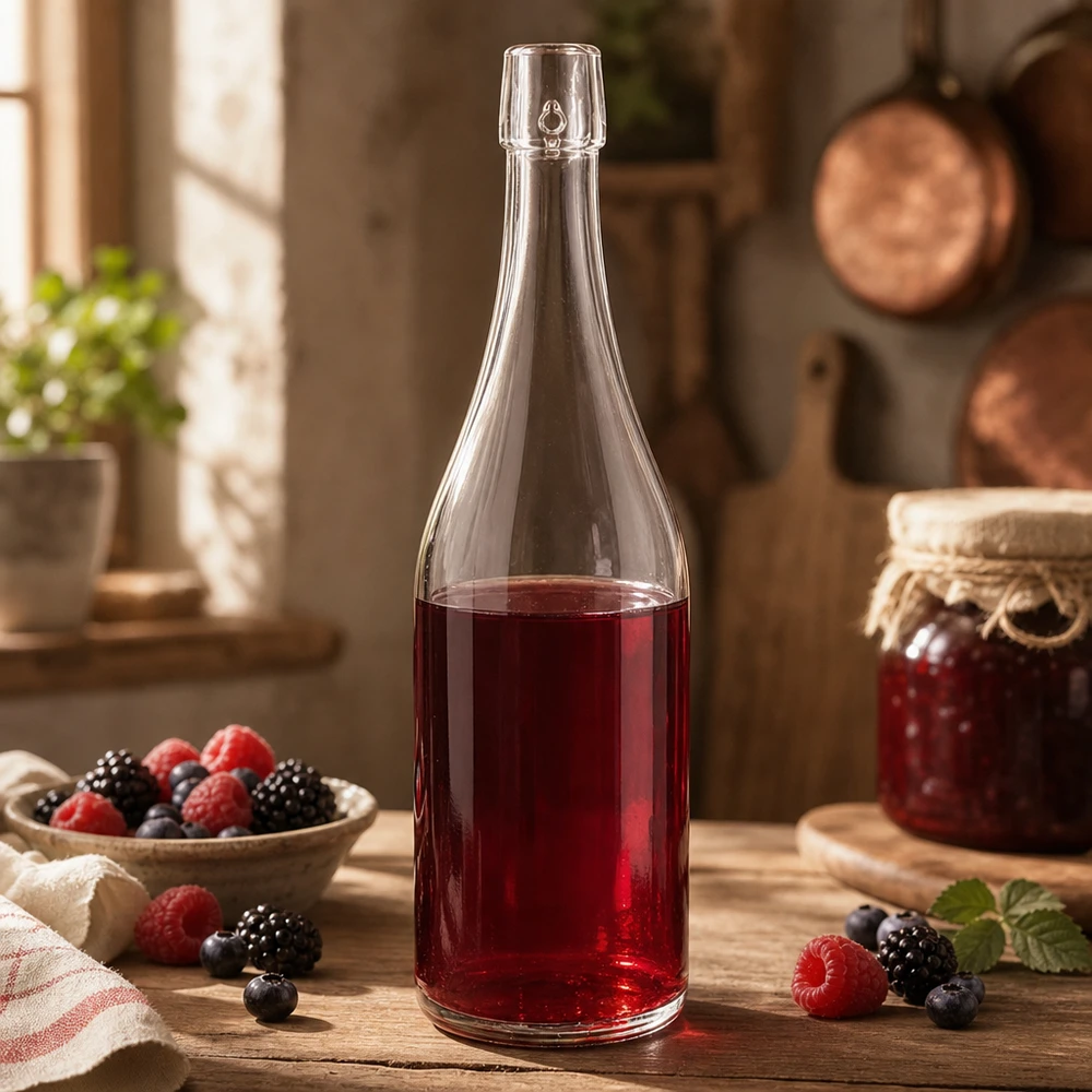 750ml UNiTWIST Glasflasche mit Beerensaft befüllt rustikale Küche Heidelbeeren Himbeeren Brombeeren Anwendung