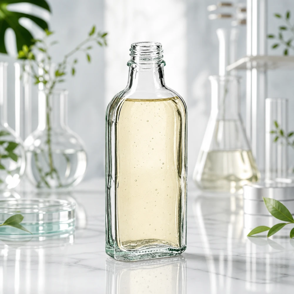 100 ml Meplatflasche klar DIN22 100 ml Meplatflasche klar DIN22 mit ätherischem Öl auf weißer Marmorplatte mit Grünpflanzen