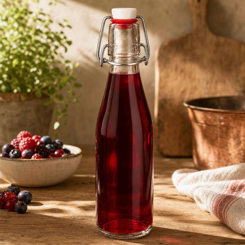 250ml Glasflasche und Bügelverschluss Porzellan UNiTWIST 250ml Glasflasche mit Bügelverschluss gefüllt mit rotem Beerensaft, dekoriert mit frischen Beeren in rustikaler Küche