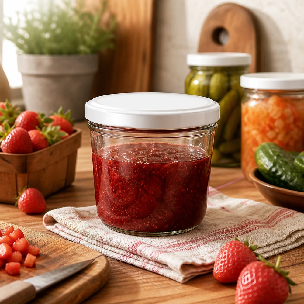 230ml Sturzglas mit BasicSeal Deckel weiß UNiTWIST 230ml Sturzglas mit Erdbeermarmelade in gemütlicher Küche - ideales Einmachglas für hausgemachte Konfitüren