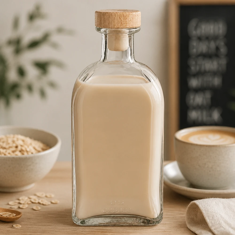 500ml Glasflasche "Julia" mit Holzgriff-Korken UNiTWIST 500ml Glasflasche Julia mit Holzkorken gefüllt mit Hafermilch in Küche neben Kaffeetasse und Haferflocken