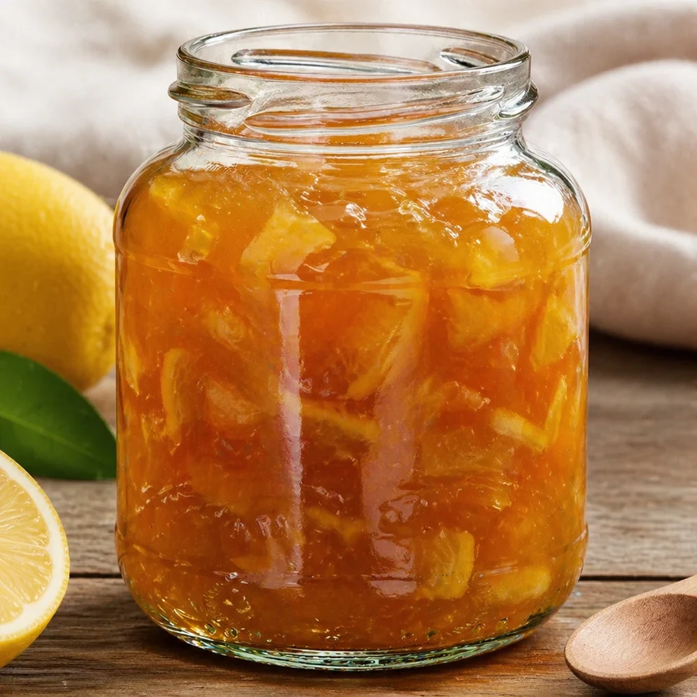 370ml Ovalglas ohne Deckel (TO66) UNiTWIST UNiTWIST Oval370 Marmeladenglas 370ml mit Orangenmarmelade gefüllt neben Zitrone auf Holzuntergrund
