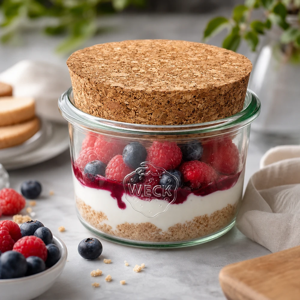 80ml Sturzglas WECK RR60 mit Korken natur WECK Sturzglas 80ml RR60 mit Korken als Dessertglas für Beerentiramisu Schichtdessert perfekt portioniert