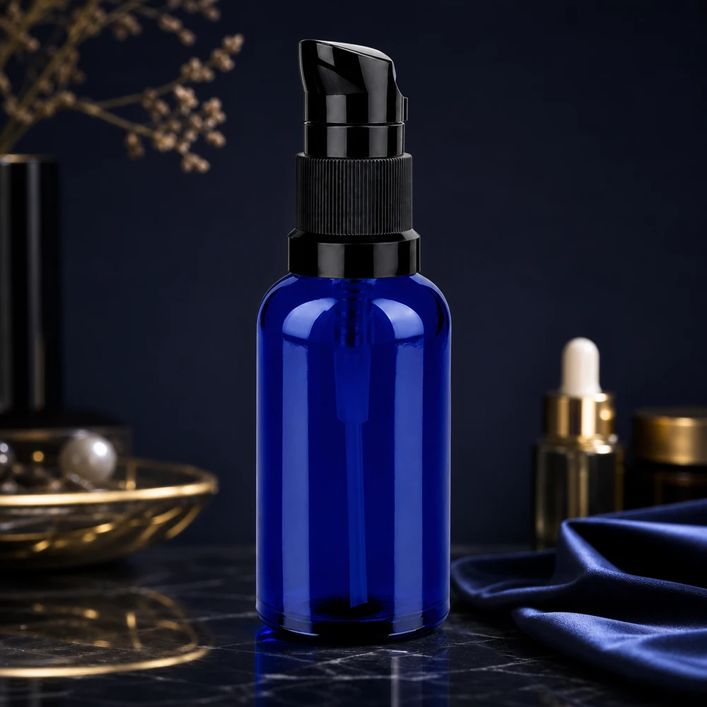 50ml Pumpflasche schwarz Standardverschluss BlueLine UT18/50 Professionelle 50ml Glasflasche blau mit schwarzer Pumpe STD BlueLine UT18/50 für hygienische Dosierung