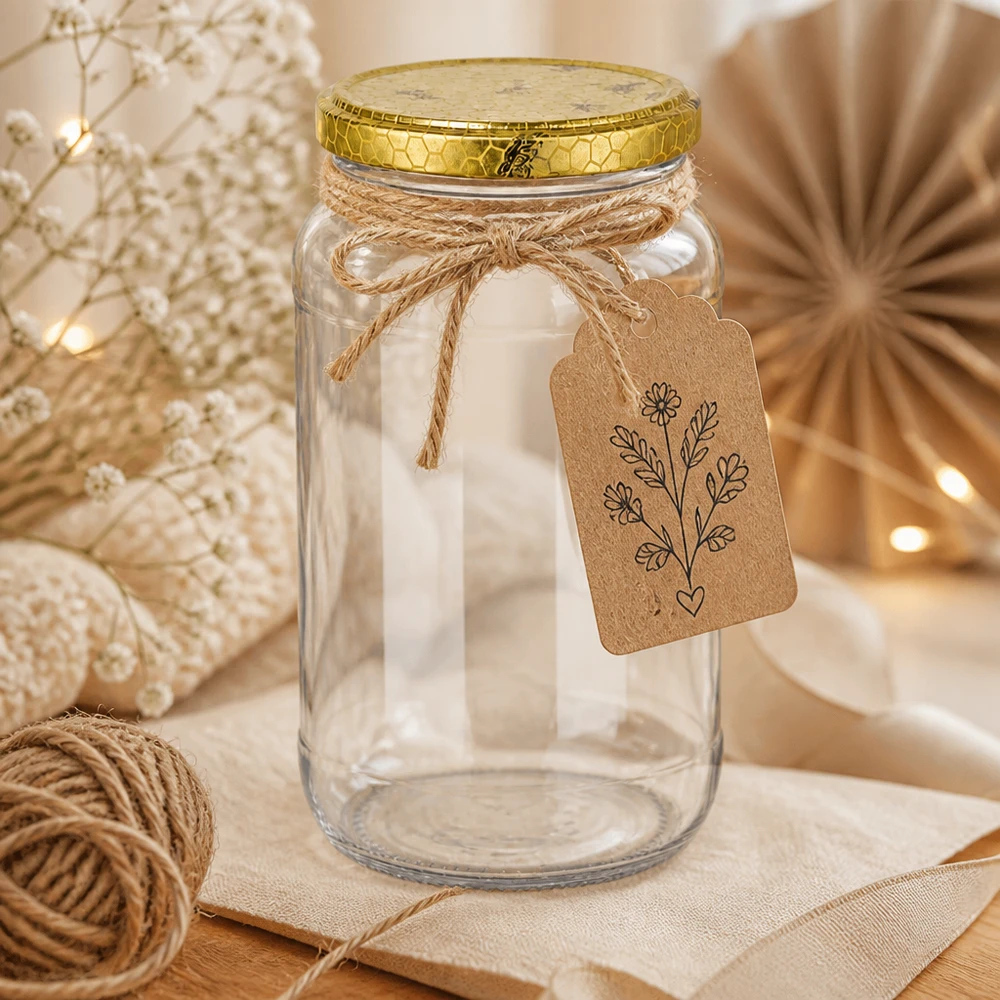 1062ml Rundglas leer mit goldenem Bienenwabe-Deckel und Geschenkanhänger rustikale Dekoration Bastelgarn