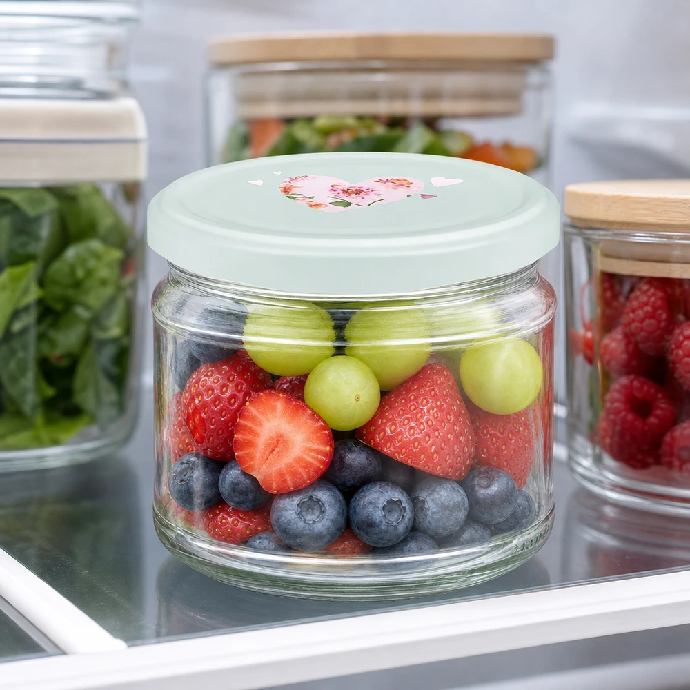 330ml Rundglas frisches Obst Erdbeeren Heidelbeeren Trauben BasicSeal Deckel Herzmotiv mint Kühlschrank Frischhaltung