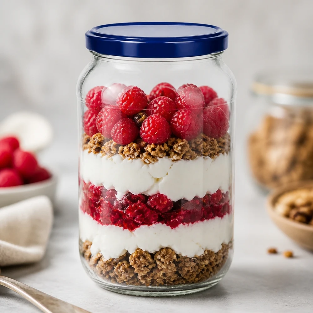 1062ml Rundglas BasicSeal Deckel blau UNiTWIST Dessert Parfait Schichtdessert Joghurt Beeren Granola Nachtisch