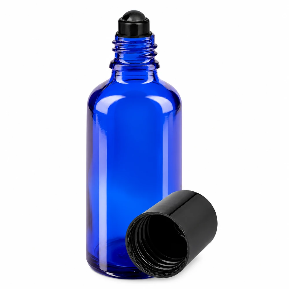 Apothekenflasche blau 50ml Roll-On Verschluss schwarz 50ml Roll-On Fläschchen aus blauem Glas mit schwarzem Rollkopf ideal für Parfum und Öle