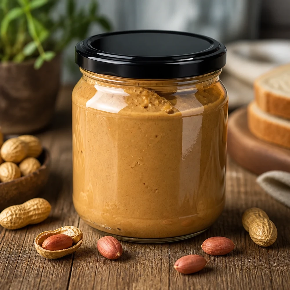 212ml Rundglas mit schwarzem BasicSeal Deckel gefüllt mit cremiger Erdnussbutter umgeben von Erdnüssen und Brotscheiben