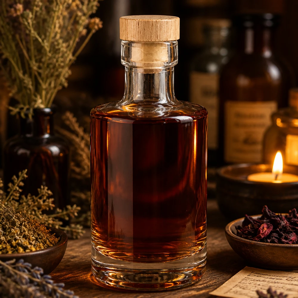 200ml Glasflasche "Marie" mit Holzgriff-Korken UNiTWIST 200ml Glasflasche Marie mit bernsteinfarbener Flüssigkeit, Korken-Holzverschluss, rustikale Deko mit Kerze und Kräutern