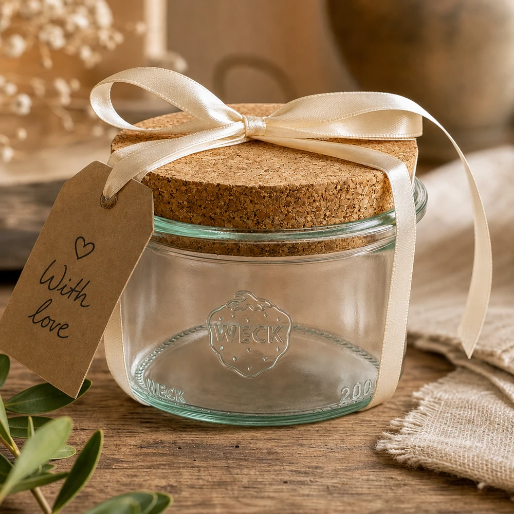 200ml Sturzglas WECK RR80 mit Korken natur WECK Sturzglas 200ml RR80 dekorativ verpackt mit Schleifenband und Geschenkanhänger With Love als Geschenkidee