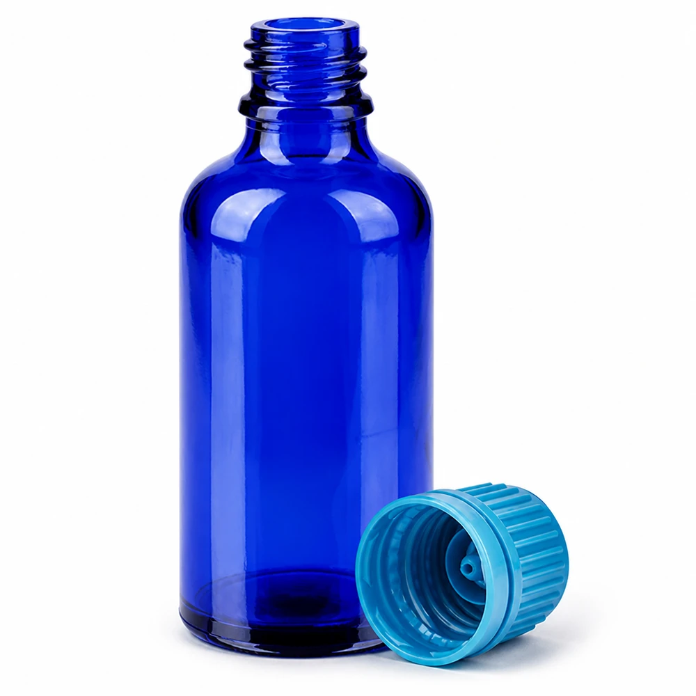 50ml Präzisionsflasche aus blauem Glas mit 11mm Öffnung für exakte Dosierung