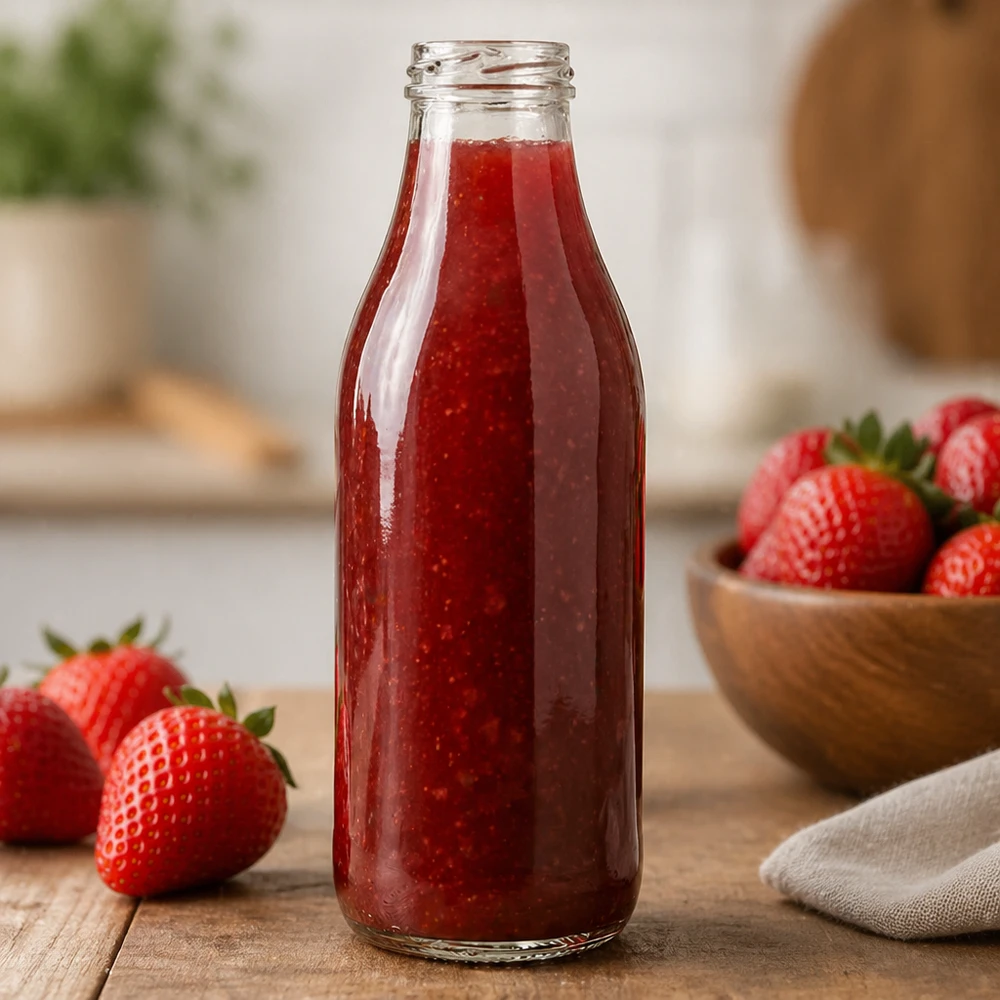 1000ml Glasflasche ohne Deckel (TO48) UNiTWIST 1000ml Glasflasche TO48 UNiTWIST mit Erdbeersaft gefüllt in Küche Anwendungsbeispiel rote Smoothie Flasche