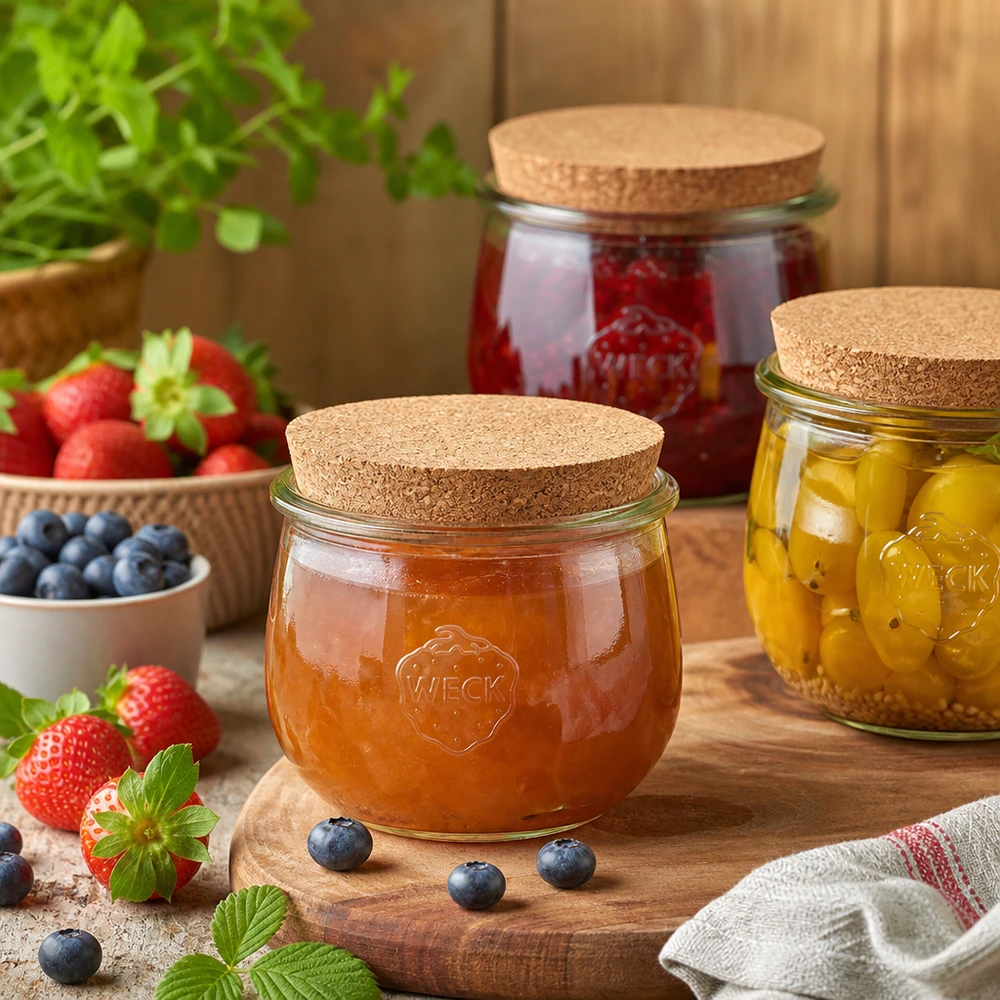 WECK Tulpengläser mit Korkdeckel gefüllt mit Marmelade und eingelegtem Gemüse neben frischen Beeren