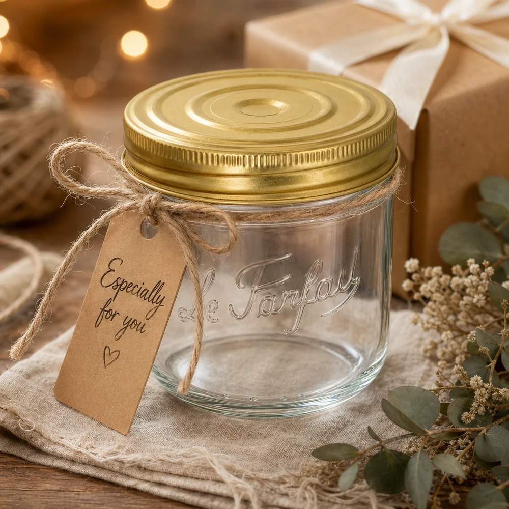 Sturzglas 415ml Familia Wiss mit goldenem Deckel und Geschenkanhänger auf rustikalem Holztisch dekoriert