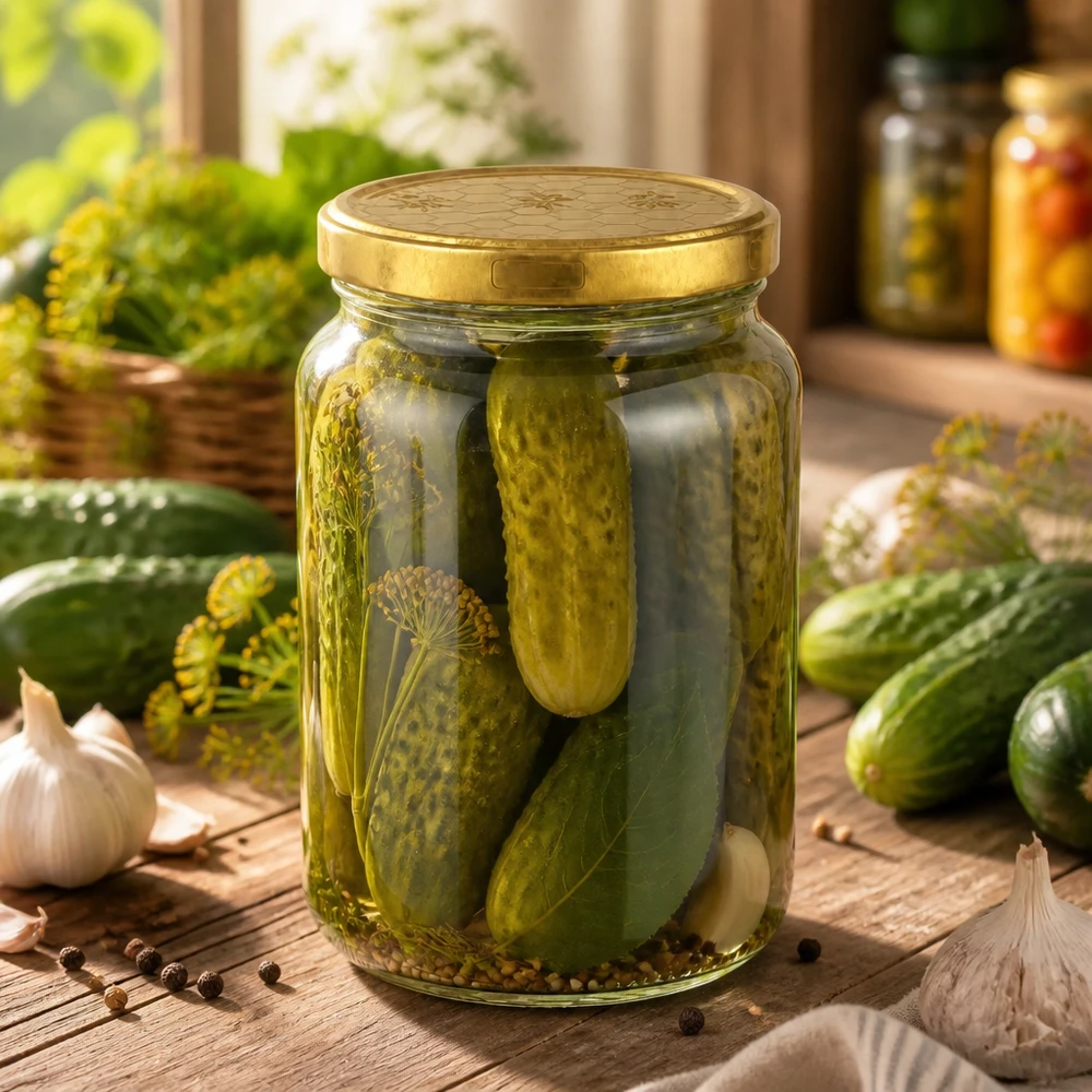 795ml Rundglas + BasicSeal Deckel Bienenwabe UNiTWIST Einmachglas 795ml mit goldenen Deckel gefüllt mit eingelegten Gurken und Dill auf Holztisch