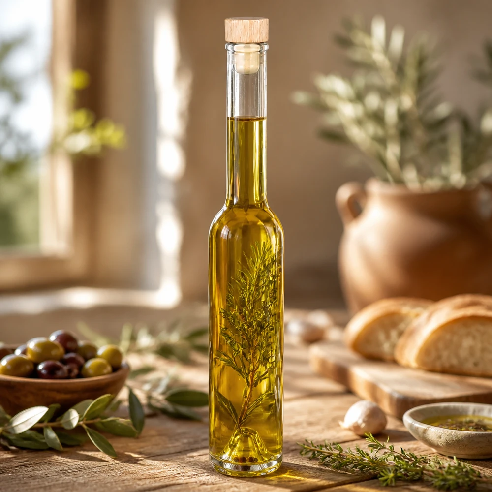 200ml Glasflasche Hugo mit Kräuteröl und Rosmarinzweig in mediterraner Küche mit Oliven und Brot