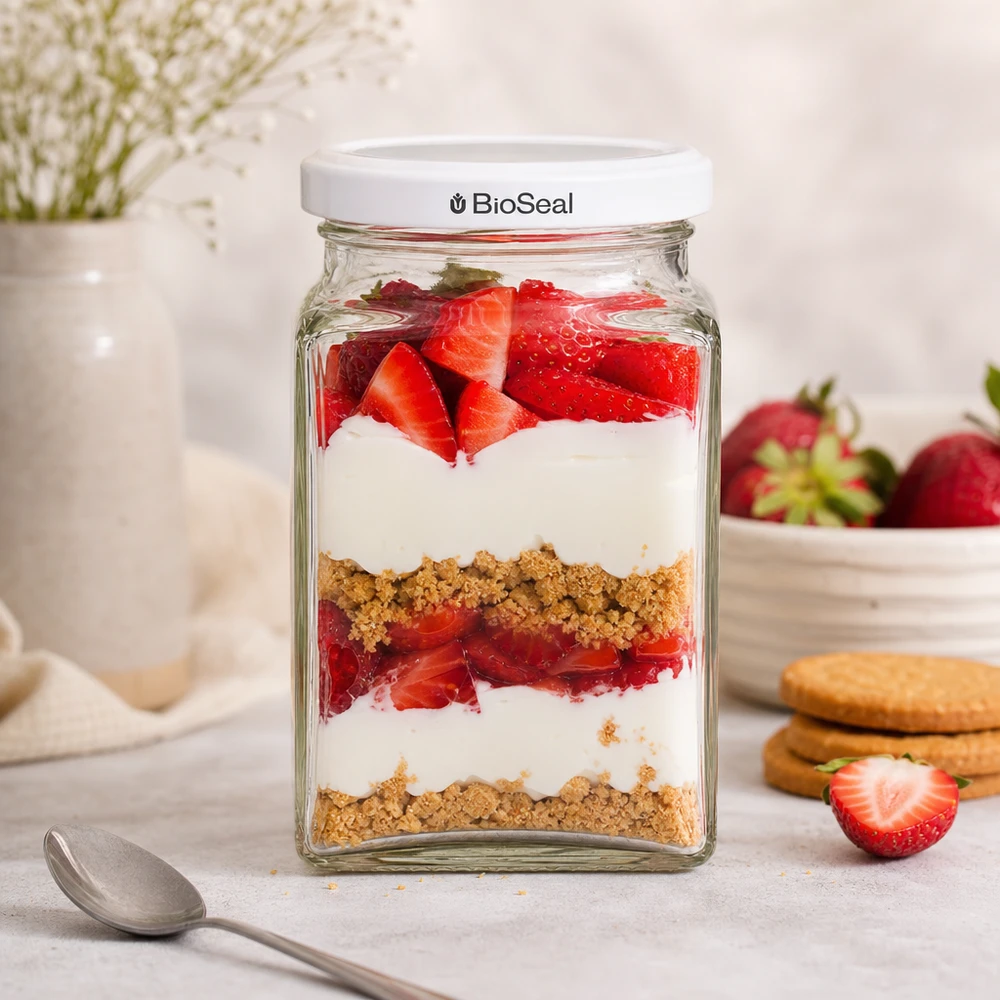 260ml Tetraglas + BioSeal Deckel weiß UNiTWIST UNiTWIST Tetra260 Dessertglas mit Erdbeeren Joghurt Kekskrümeln geschichtet weißer TO58 BioSeal Deckel Nachtisch