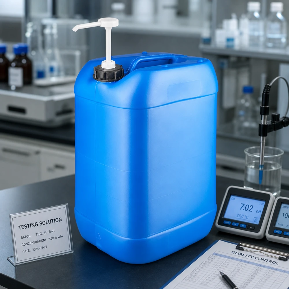 Kanister 25 Liter blau mit Dosierpumpe Blauer Vorratsbehälter 25 Liter mit Dosierpumpe und pH-Meter im professionellen Analyselabor