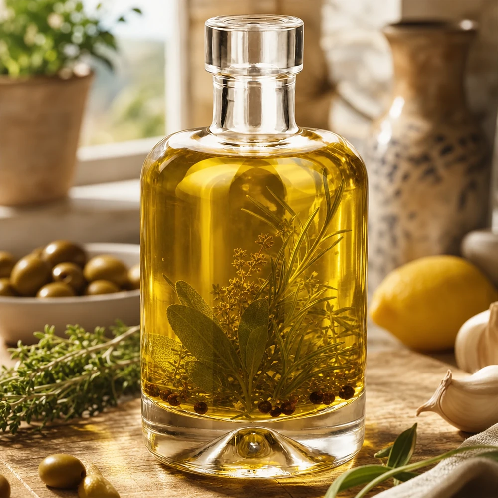 Glasflasche Amelie 50ml mit Kräuteröl befüllt zeigt Anwendung für Gewürzöle und Essige in Küche