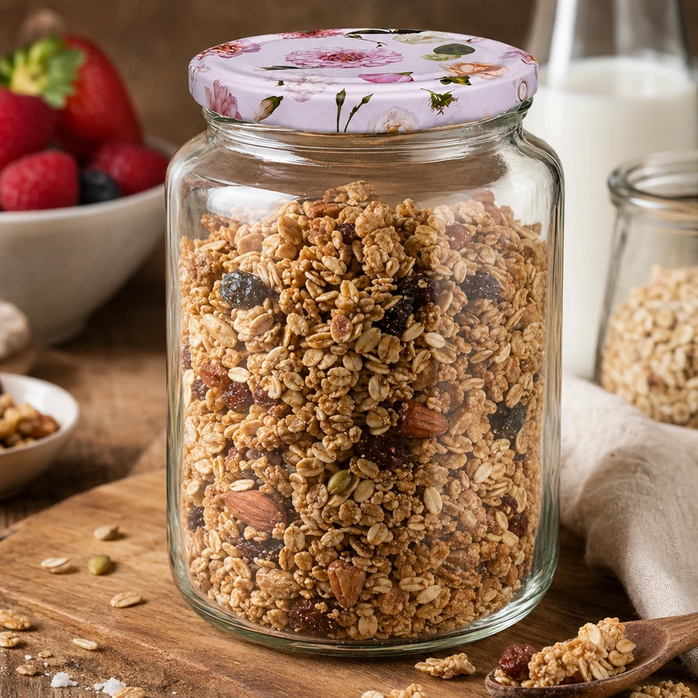 795ml Rundglas + BasicSeal Deckel Blume rosa UNiTWIST 795ml Rundglas mit Müsli Nüssen Trockenfrüchten BasicSeal Deckel rosa Blumen Frühstück Vorratsbehälter Küche
