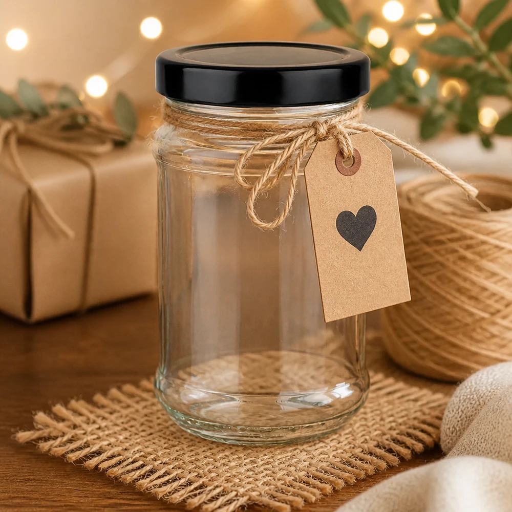 390ml Rundglas + BasicSeal Deckel schwarz deep UT 390ml Rundglas mit schwarzem UNiTWIST Deckel als Geschenkidee mit Herzanhänger in gemütlicher Weihnachtsdeko