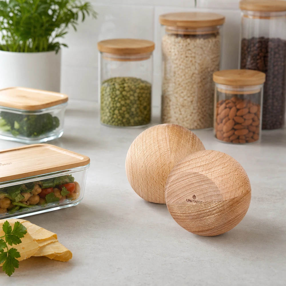 UNiTWIST Holzkugel (Buche) für WECK RR80 UNiTWIST Holzkugeln aus Buche im Küchenambiente - nachhaltige Aufbewahrung mit WECK Gläsern und Vorratsdosen