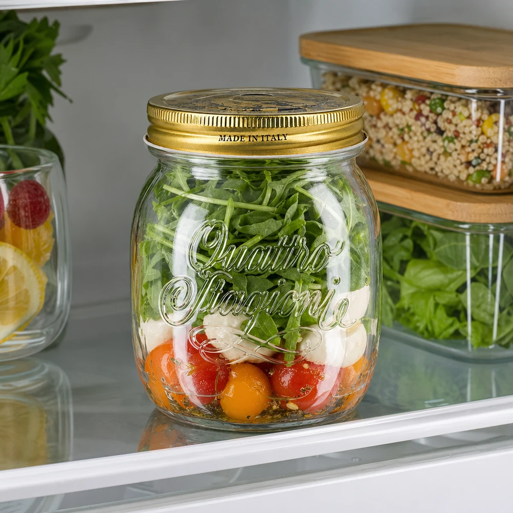 Quattro Stagioni 700ml Einmachglas mit Salat gefüllt im Kühlschrank italienisches Glas für Meal Prep und frische Zutaten
