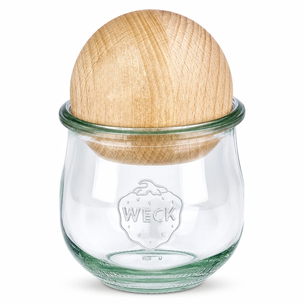 370ml Tulpenglas WECK RR80 mit Holzkugel Buche WECK Tulpenglas RR80 370ml mit Bucheholzkugel-Deckel, Einmachglas mit Holzdeckel aus Buche, nachhaltige Aufbewahrung
