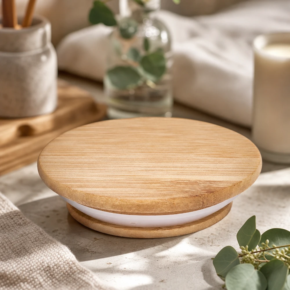 Holzdeckel (Buche) unbedruckt für WECK RR100 Holzdeckel Version A WECK RR100 Lifestyle Ambiente Badezimmer Dekoration natürliches Holz weiße Silikon Dichtung
