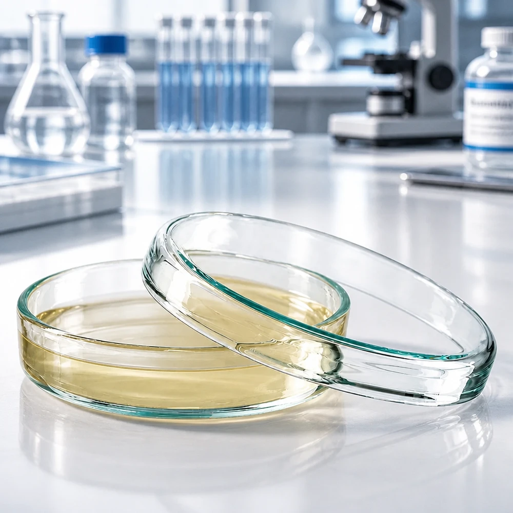 Sterile Glaspetrischale 70x15mm mit Nähragar für mikrobiologische Kultivierung im professionellen Labor